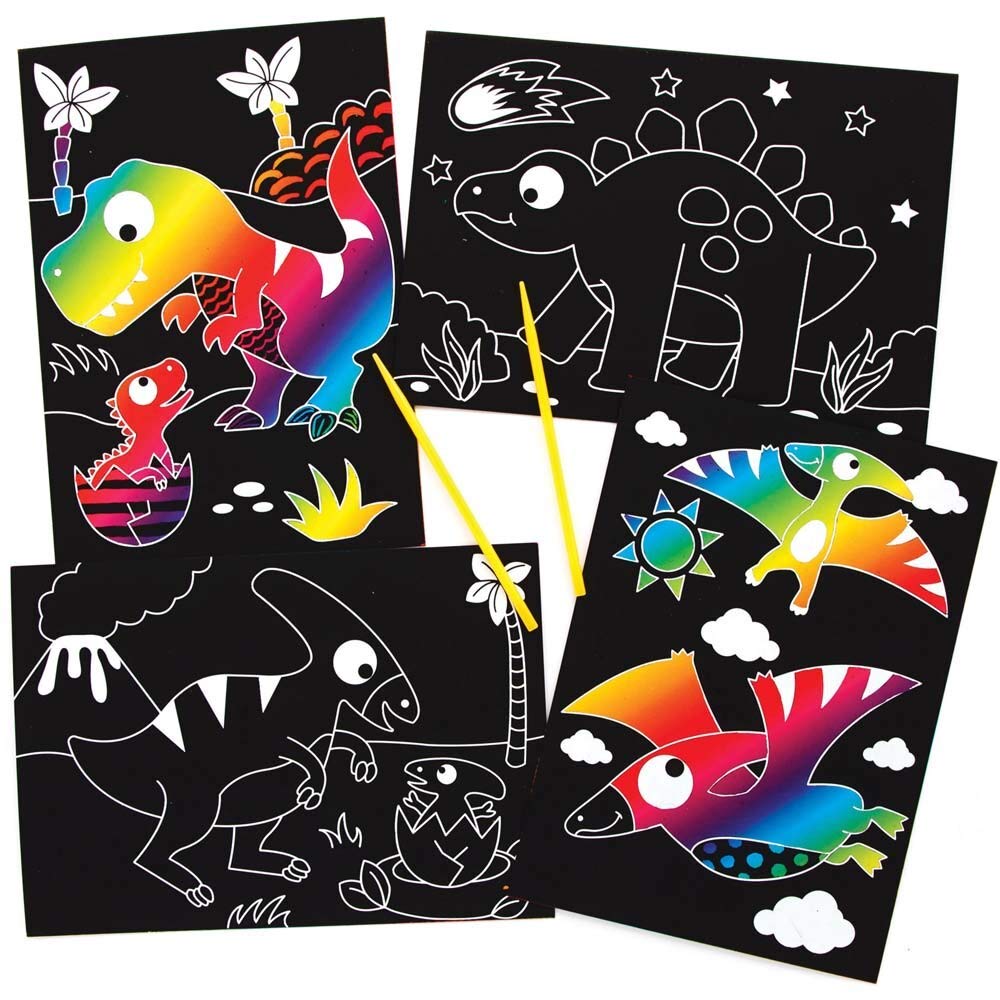 Baker Ross FE110 Dinosaur Scratch Art Pictures - Pack of 8, Engraving Art for Children, Creative Activities for Kids, Art Set for Creative Minds — image 1