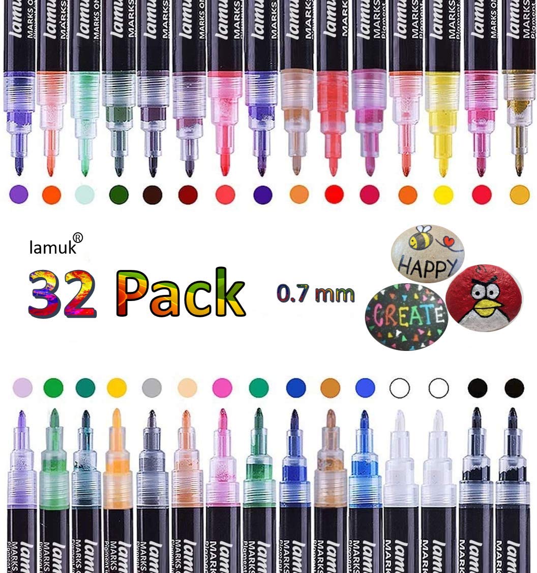 Lamuk 32 Acrylic Paint Pens-0.7mm Fine Tip Permanent Non-Toxic Water Based Painting Pen Set for Wood, Glass, Rock, Mug, Ceramic, Fabric, Stones- Waterproof Metallic (Quick Dry) DIY Drawing Markers Kit