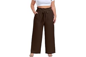 OLRIK Women's Plus Size Pants Adjustable High Waist Wide Leg Palazzo Casual Trousers with Pockets Fall Outfit Clothing