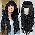 Lativ Black Wig with Bangs Long Wavy Wig for Women Synthetic Curly Natural Black Wigs Hair Replacement Wigs for Girls Daily Party Use 26 Inches