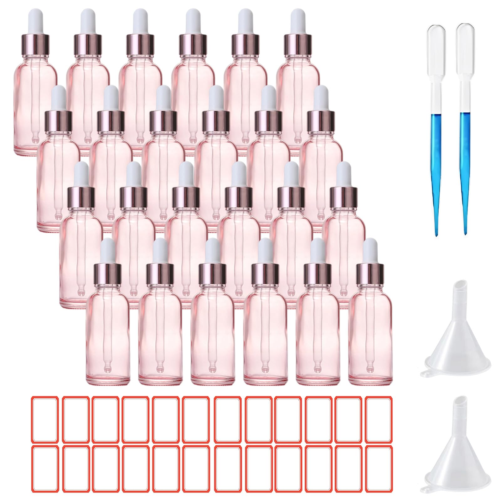ToKinCen 24 x 30 ml Dropper Bottle Pink Glass Dropper Bottles with Glass Dropper Pipette Small Sample Dropper Bottles Refillable with Plastic Funnels and Labels