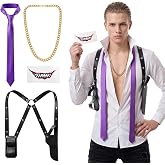 Preboun Joker Costume Accessories Set for Men Halloween Cosplay Dress Party | Black Leather Gun Holster, Purple Satin Tie, Gold Stainless Steel Chain Necklace and Bloody Lip Sticker