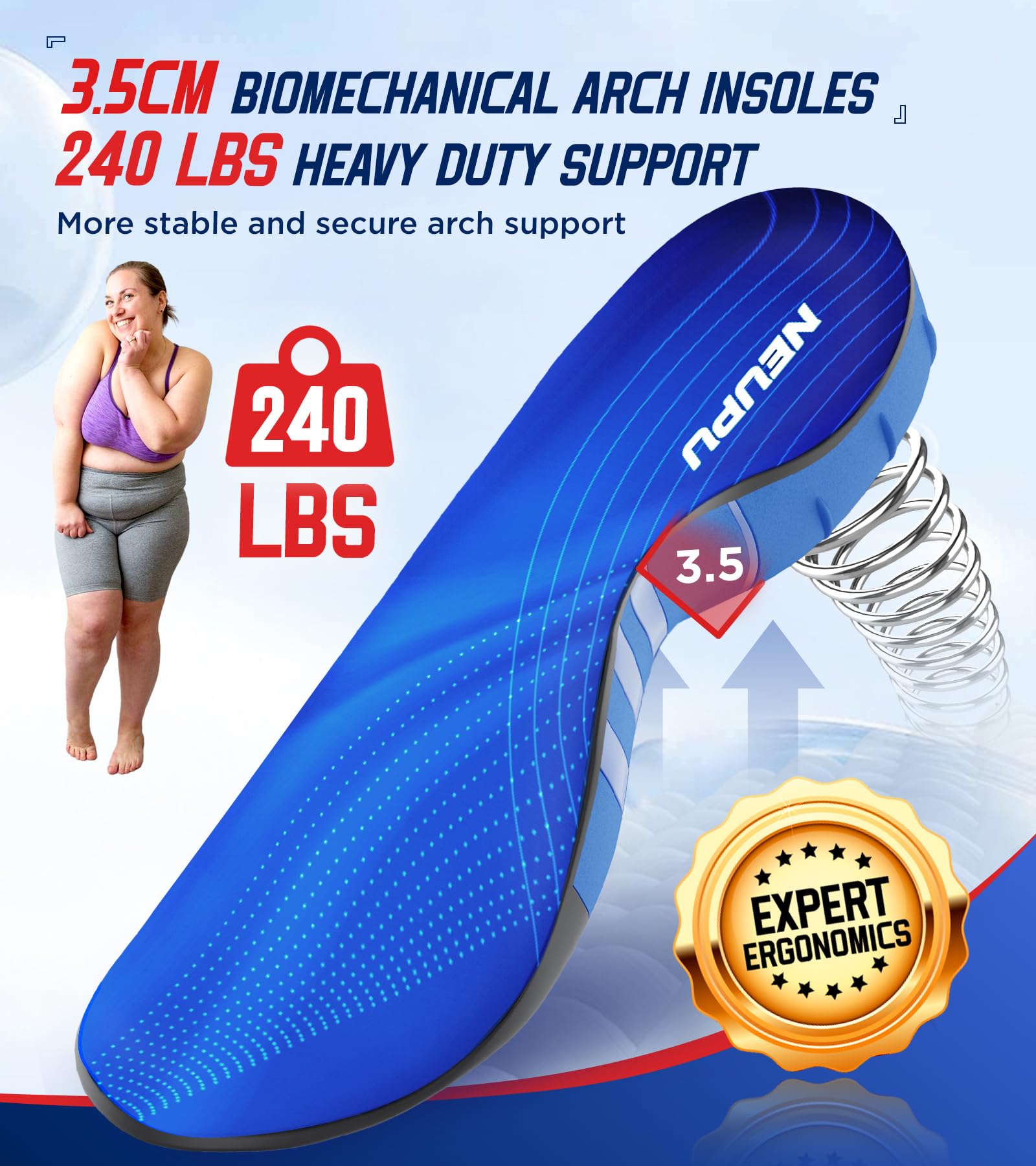 240+lbs Heavy Duty High Arch Support Orthotic Insoles for Plantar Fasciitis Pain Relief - For Men, Women, Work Boots, Shoes