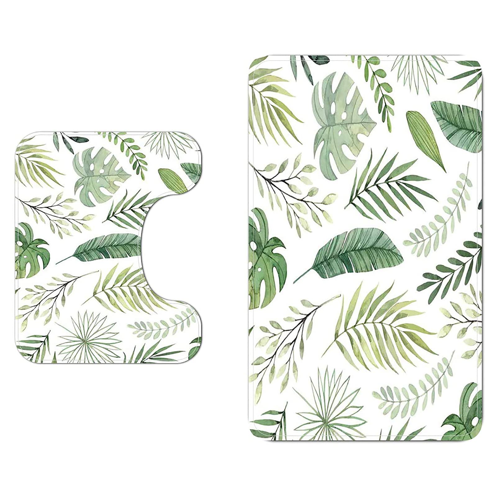 2 Piece Bath Rugs Tropical Palm Leaves Green Plant Pattern Bathroom Mat Set Non Slip Bath Mat Machine Washable