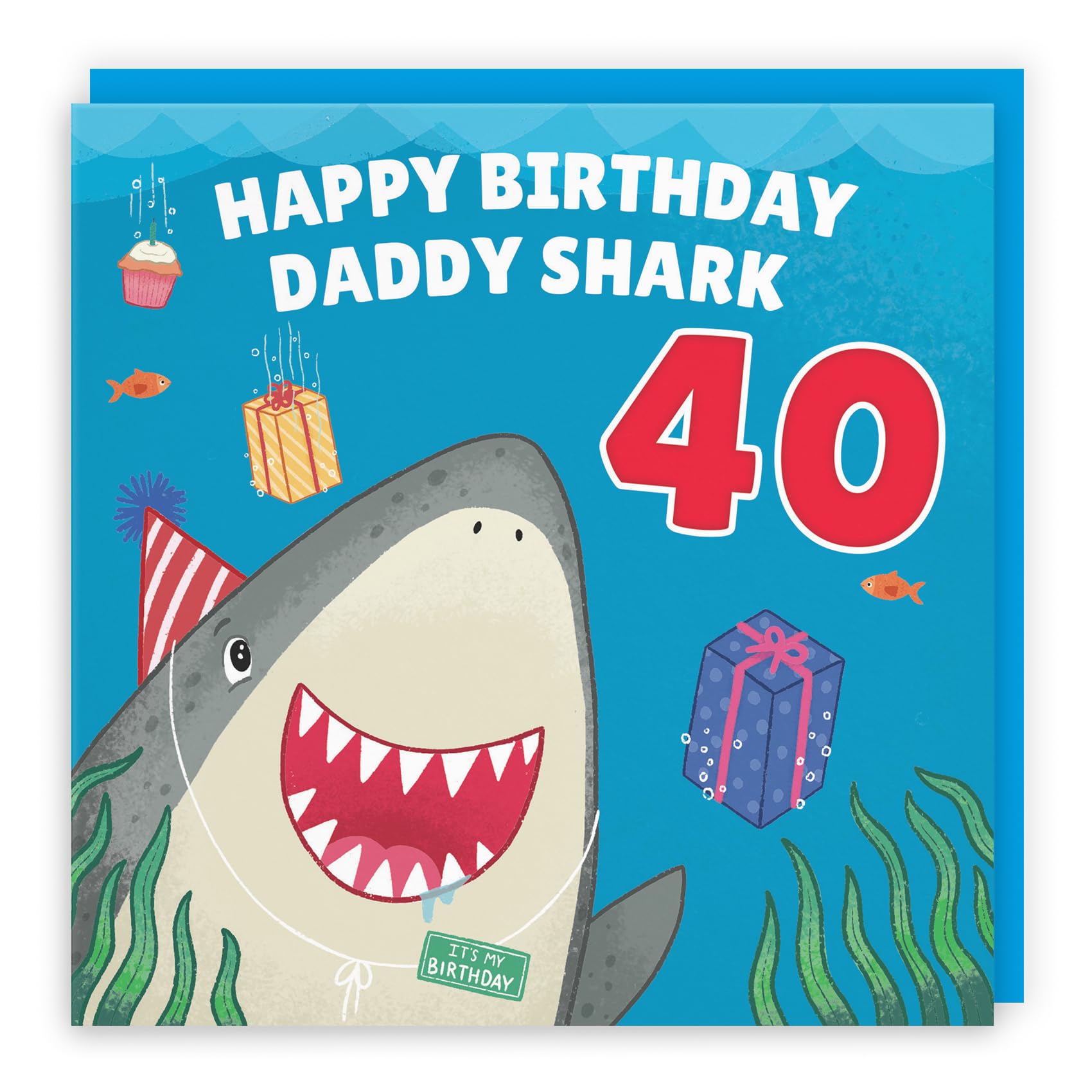 Hunts England - Large Daddy 40th Cute Shark Birthday Card - Large Size - Happy Birthday - Daddy Shark - 40 - Ocean Collection - Large - 210 x 210 mm - Age 40