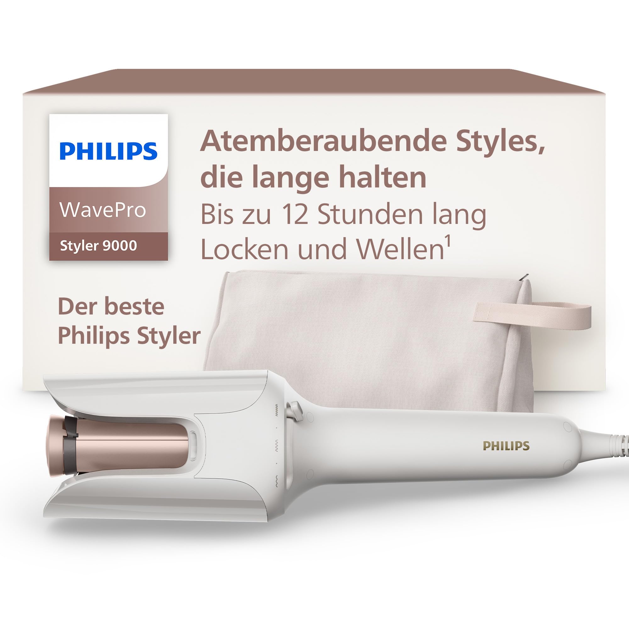Philips WavePro Styler 9000 – mit SenseIQ Technologie und verstellbarem Stab für Locken und Wellen, 360°-Shaping-Technologie für langanhaltende Styles, Seidenweiß, mit Kosmetiktasche, Modell BHB968/10
