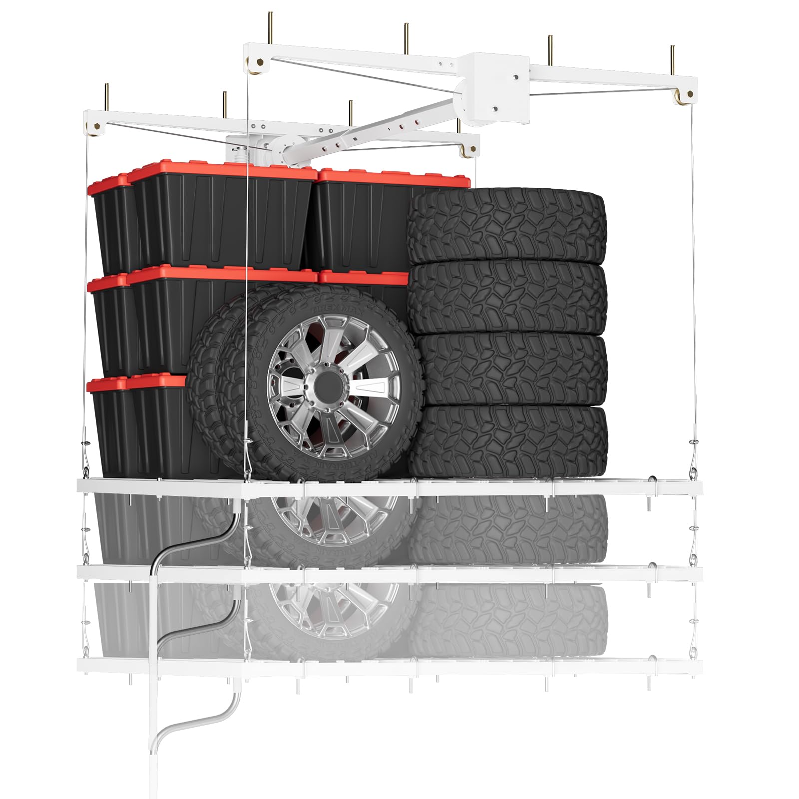 Photo 1 of Overhead Garage Lifting Storage Rack, Maximize Your Garage Storage with Our 4x4 Ft Heavy-Duty Ceiling Storage Rack System, Supports 350 lbs, Adjustable & Easy to Install for Optimal Organization