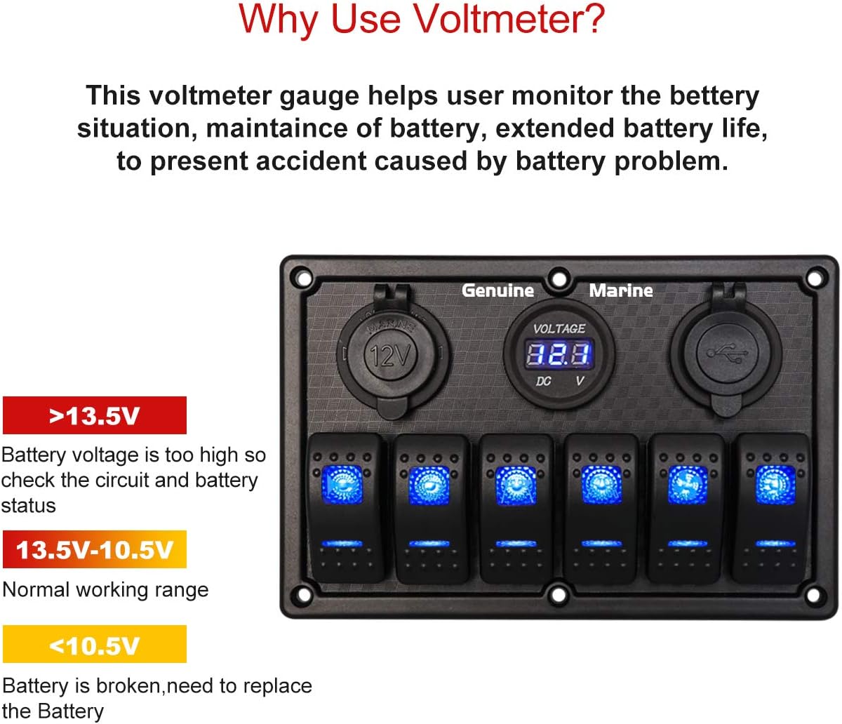 6/8 Gang 12V Rocker Switch Panel for RV Marine Car Vehicles Truck Boat Waterproof, Digital Voltmeter Display Dual USB Charger Port DC 12V Socket 12/24V Red/Blue/Orange Lighted Switches with 15A Fuse : Sports & Outdoors