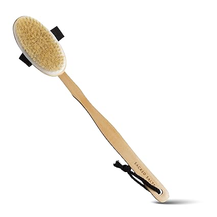 Sacred Salts Wooden Bath Brush with Long Handle | 2-in-1 Body Brush with Detachable Handle | Natural Boar Bristles | Dry Brushing Removes Dead Skin & Improves Blood Circulation