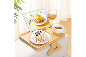Kssiaz Couch Arm Table, Sofa Arm Tray with 360° Rotating Phone Holder & Cup Holder, Folding Anti-Slip Sofa Arm Table, Bamboo Couch Tray Clip on Side Table for Eating, Snacks, Phone, Remote, Cups