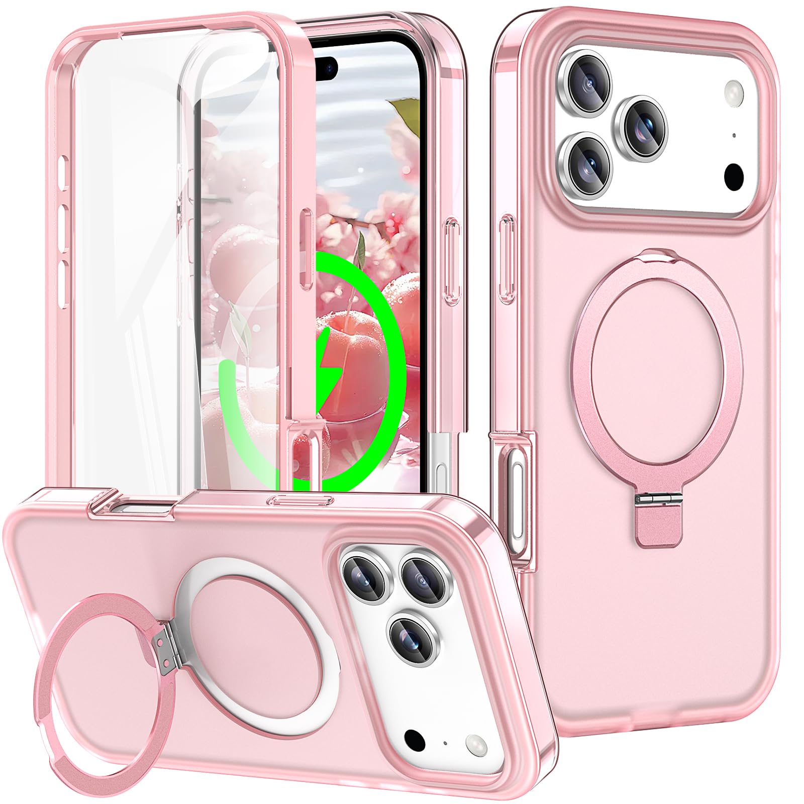 Photo 1 of Turquiase for iPhone 17 Pro Full Body Shockproof Case with Magnetic Invisible Stand [Compatible with MagSafe] Built-in Screen Protector Military Drop ProtectionTranslucent iPhone Cover -Pink