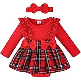 ChuYuKu Newborn Baby Girl Fall Plaid Romper Dress with Headband Toddler Winter Longe Sleeve Lace Outfit Clothes 0-18M