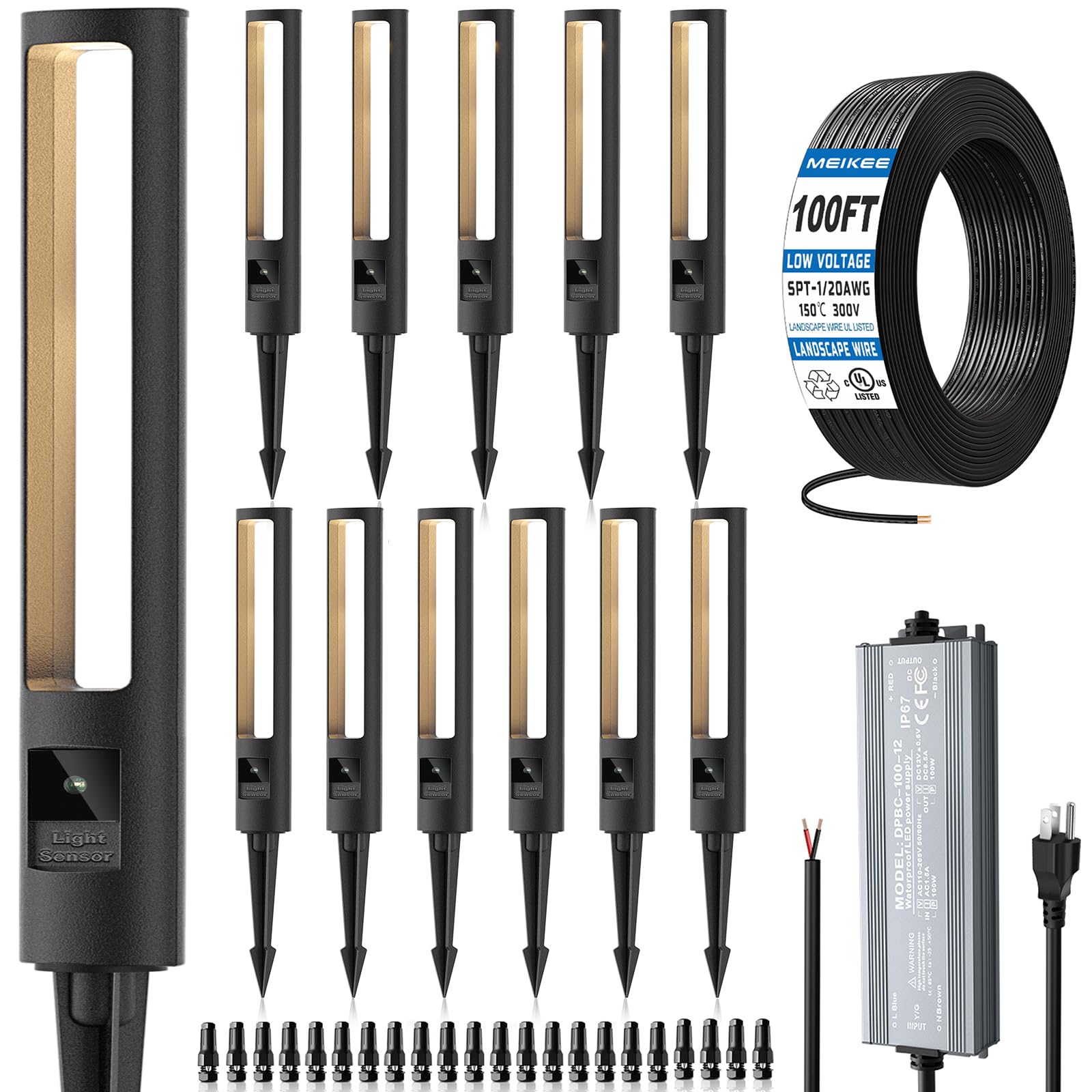 Photo 1 of MEIKEE 5W Low Voltage Path Lights, 12-24V Auto On/Off Landscape Lighting with 100W Transformer 100FT Cord, 2700K Warm White, IP66 Waterproof, Aluminum Garden Lights for Pathway, Yard, Lawn 12-Pack