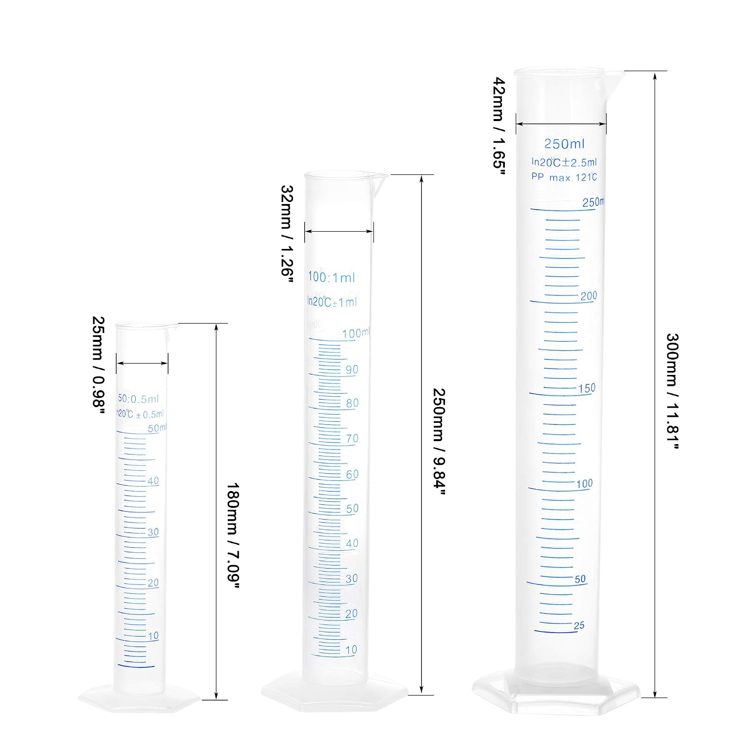 sourcing map Plastic Graduated Cylinder, 50ml 100ml 250ml Measuring Cylinder, Double-Sided Metric Marking, Clear Hex Base, 3 in 1 Set - Image 3
