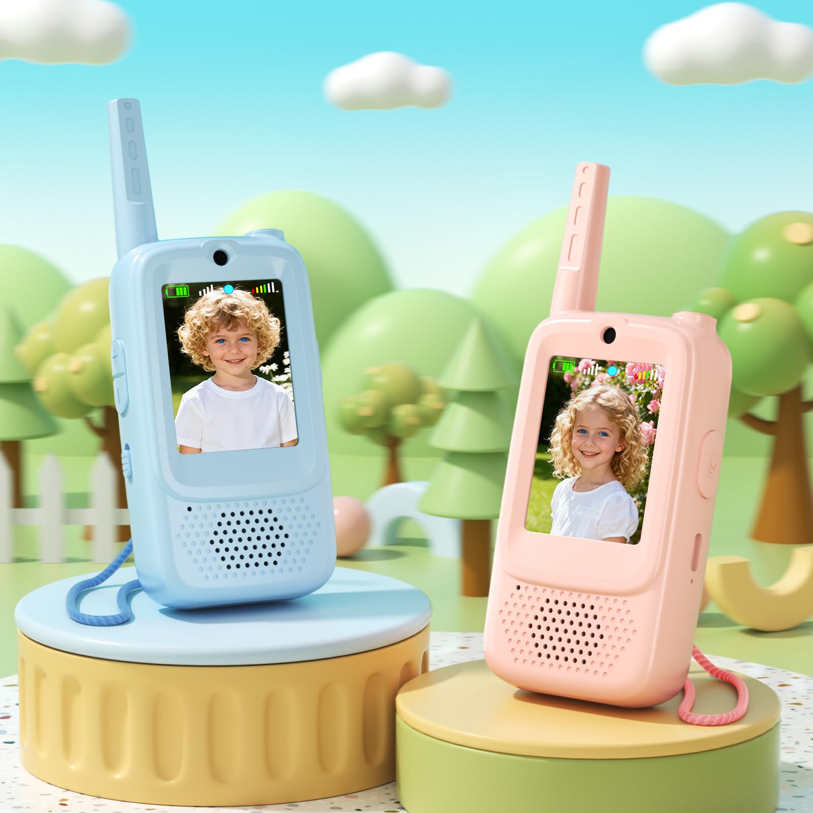 Video Walkie Talkies for Kids, Handheld 2 Pack Rechargeable Video Intercom Kids Walkies Talkies, Long Range with 3 Kinds of Voice Changer, Suitable as Gift Toys for Children Aged 3-12 (Blue/Pink)