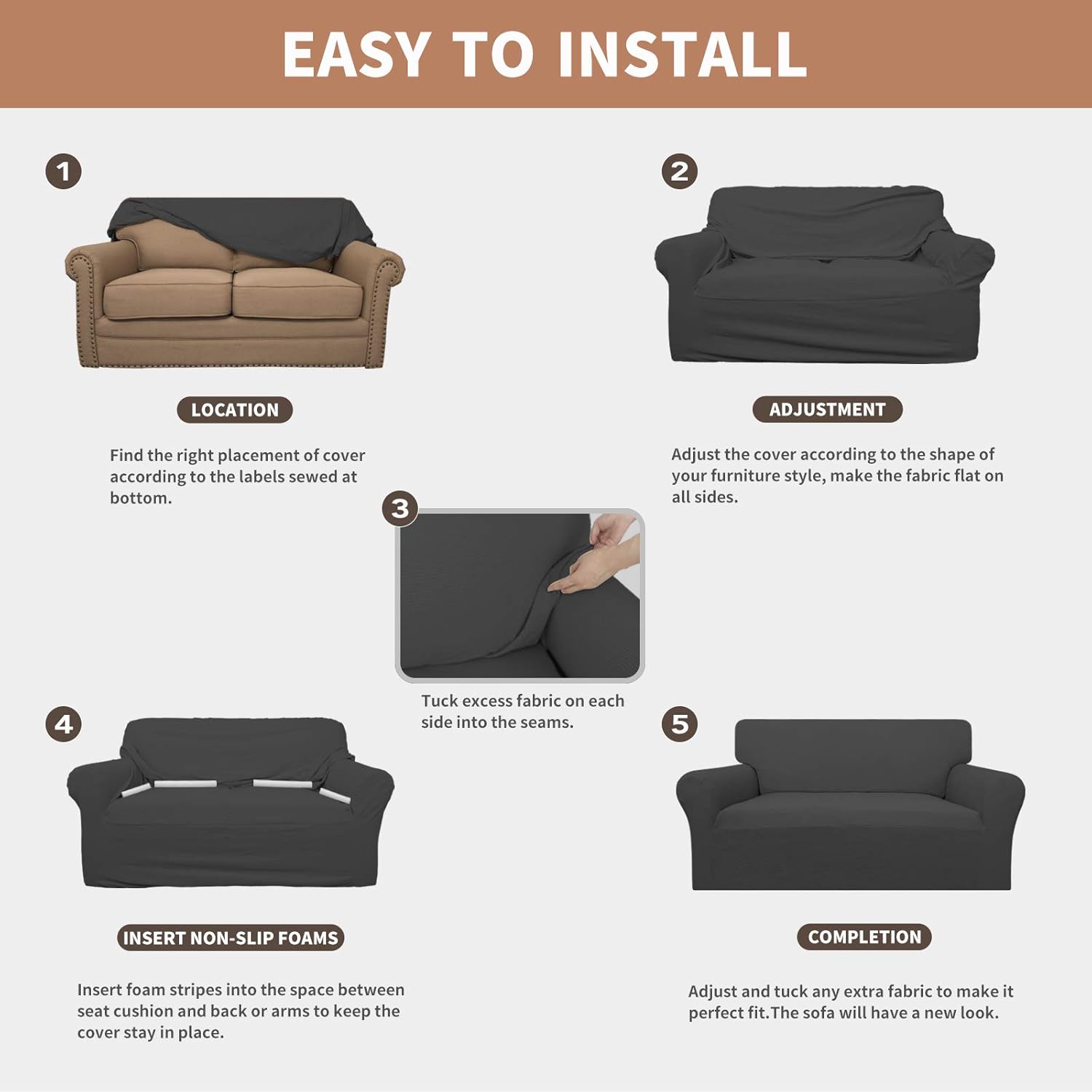 Easy-Going 100% Waterproof Loveseat Couch Cover, Dual Waterproof Sofa Cover, Stretch Jacquard Sofa Slipcover, Leakproof Furniture Protector for Kids, Pets, Dog and Cat ( Loveseat, Dark Gray): Kitchen & Dining