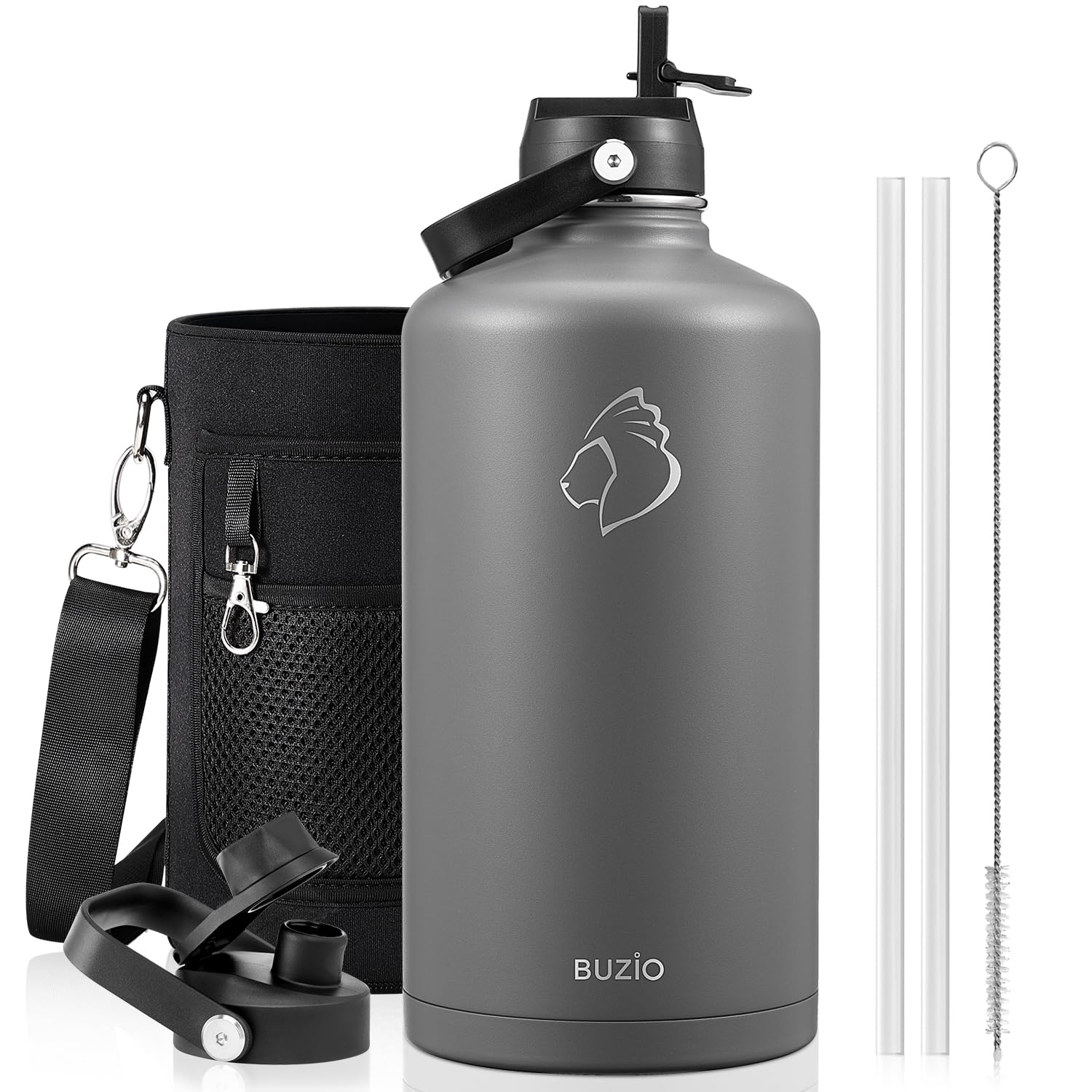 BUZIO Gallon Water Bottle Insulated, 128 oz Large Water Jug Vacuum Stainless Steel Big Metal Flask (Cold for 48 Hrs), Leak Proof & BPA-Free, with Straw and Spout Lids, Grey Image