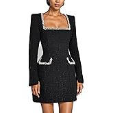 JEKYUARA Women's Elegant Tweed Mini Dress Square Neck Long Sleeve Pearl A Line Formal Prom Business Party Short Dresses