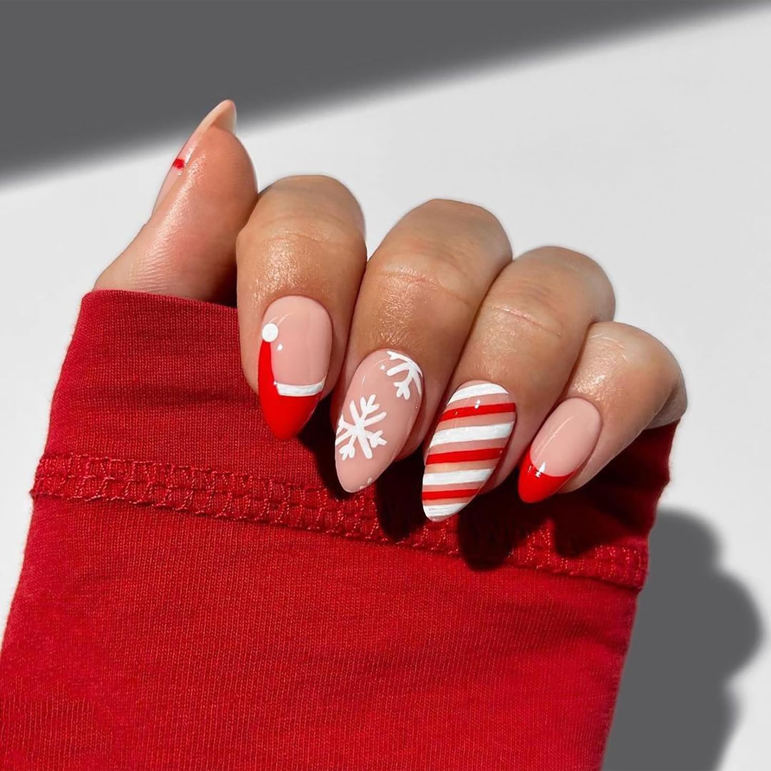 Christmas Press on Nails Medium Almond MABKJLF Red French Tip Fake Nails False Nails with Designs Cute Christmas Hat Snowflake Bow Glossy Glue on Nails for Women Girls 24 Pcs - Image 2