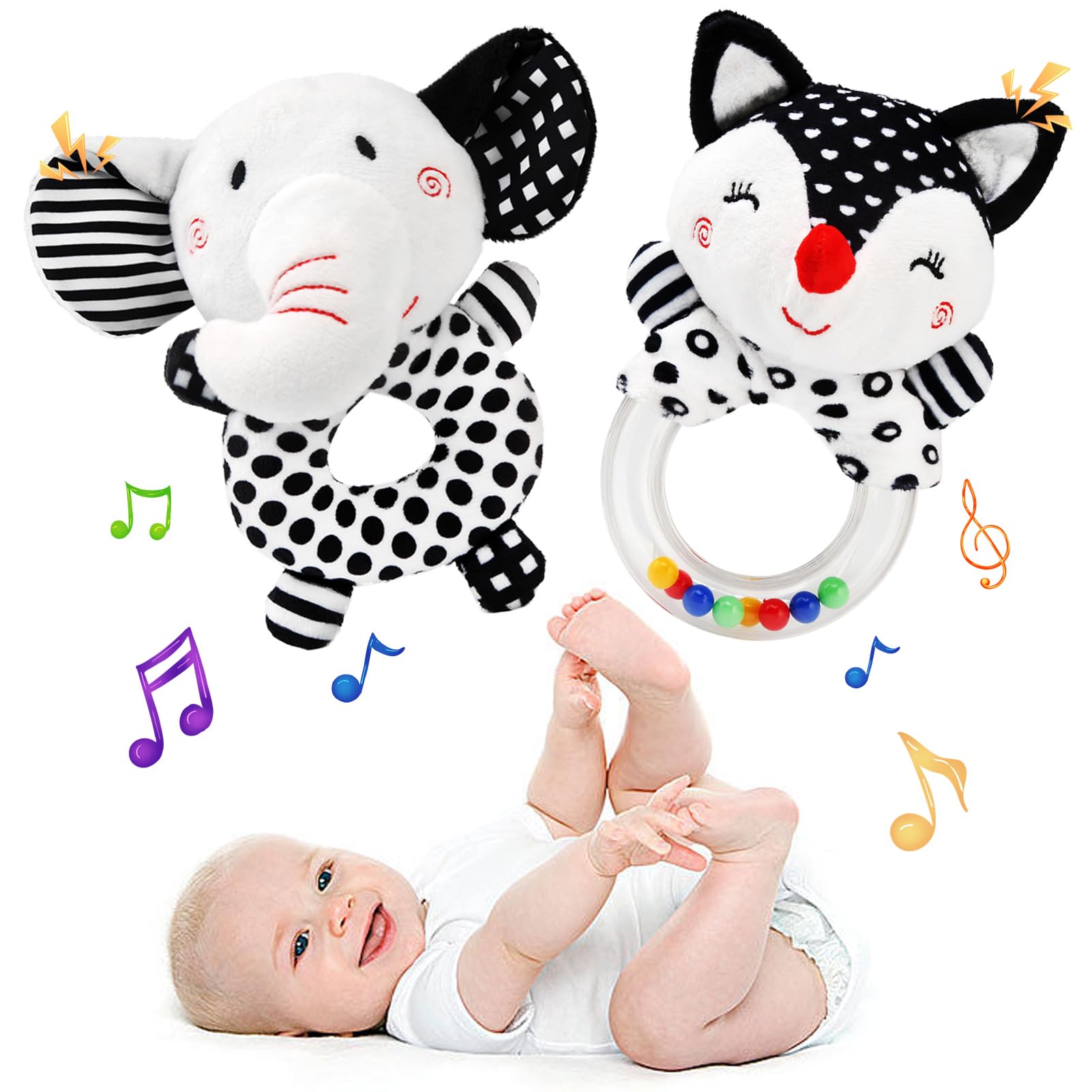 Ballery Soft Baby Rattles 0-6 Months, 2 Pack Plush Animal Rattle Toys for Babies 0-6 Months, Newborn Black and White Sensory Toys Gift for 0 3 6 12 Month Infant Gift
