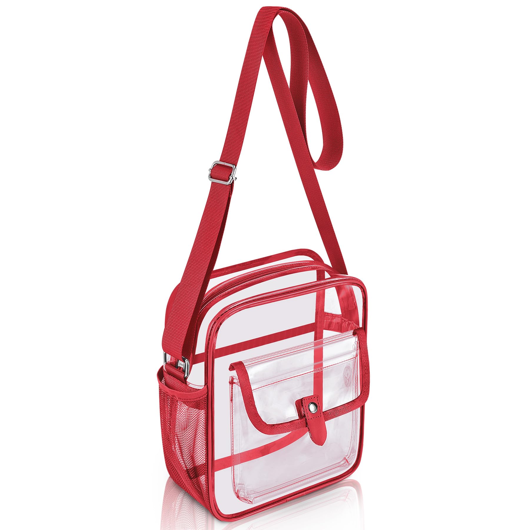 Photo 1 of SPODEARS Red Clear Crossbody Bag for Stadium Events & Concerts - 10.5"x8.5" Adjustable Shoulder Strap Plastic Purse with 1 Bottle Holder