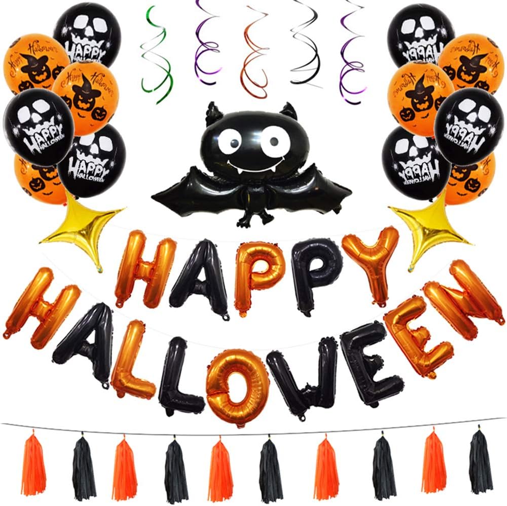 Yinpinxinmao Happy Halloween Foil Balloon Bat Spiral Strap Letter Festival Home Party Wall Decor
