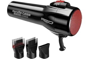 RED by Kiss Handle-Less 2200W Ceramic Tourmaline Hair Dryer, 3 Heat Settings, Pro Blow Dryer with Comb Attachment, Ionic for Frizz-Free Shine, Detangler & Straightening for 4C