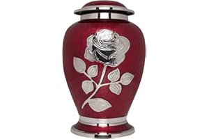 Ansons Urns Silver Rose Cremation Urn - Funeral Urn with Large Flower on Red Enamel - Burial Urn for Human Ashes Adult Size -