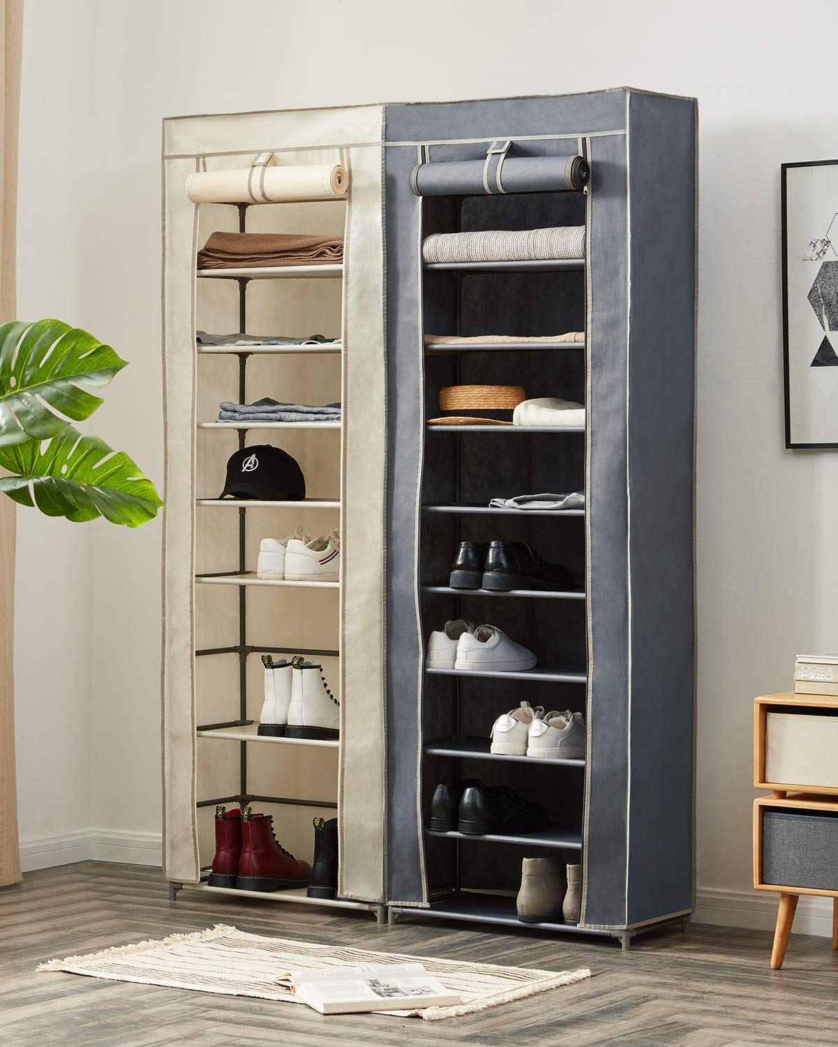 fabric shoe rack on Youdenova Shoe Rack With Dustproof Non Wonven Fabric Shoe Storage Organizer Cabinet Tower Beige Free Standing Shoe Racks