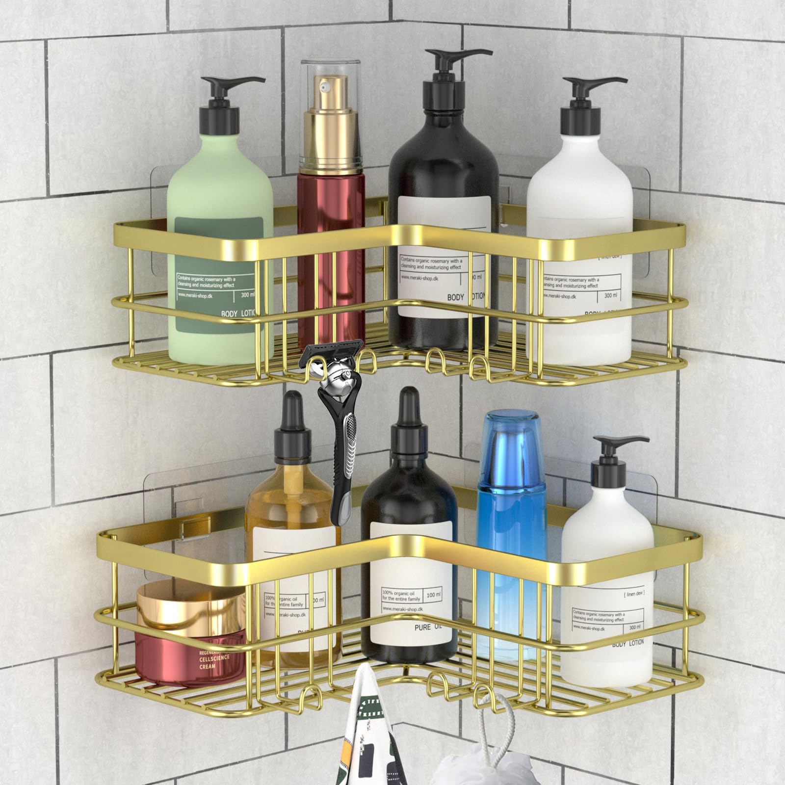 Yazoni Corner Shower Caddy, No Drilling Adhesive Shower Shelf Organiser, 2 Pack Rustproof Stainless Steel Shower Storage Basket for Bathroom (Gold)