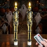Wroxipel 2 Pack Gold Skull Flameless Spooky Taper Candles with Remote & Timer, 0.78