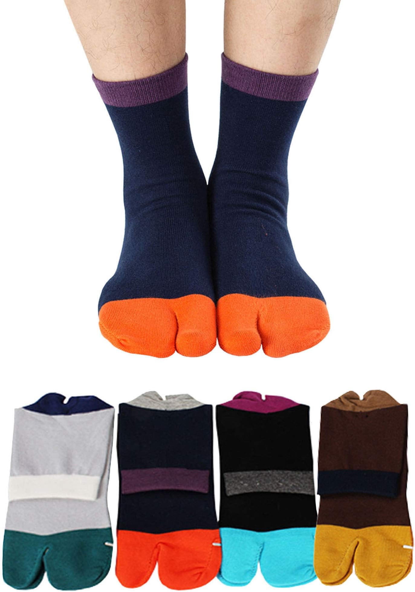 Men's Tabi Socks Flip Flop Split Toe Big Toe Cotton Crew Grip Athletic 4 Pack