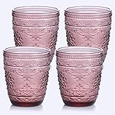 abrwyy Purple Glassware set of 4, 10OZ Drinking Glasses, Purple Heavy Duty Glass Cups, Colored Glassware Set, Embossed Glasses Set for Party Wedding Home Office Gift