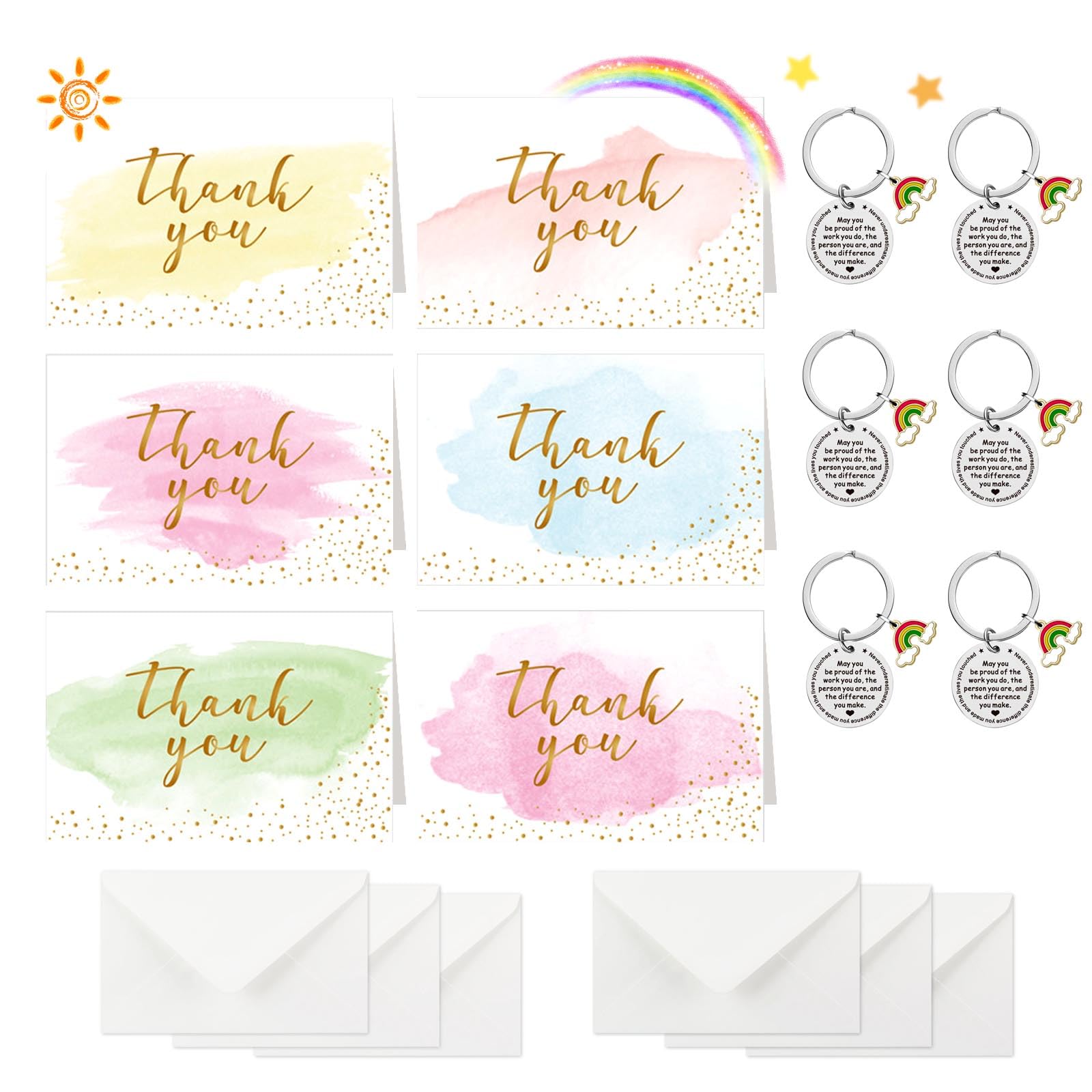 GWAWG 12pcs Thank You Cards and Rainbow Keychains Leaving Gifts for Teachers,Colleagues, Colored Cards Stainless Steel Keychain Thank You Gifts for Women