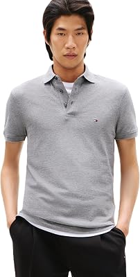 Polo à Manches Courtes pour Homme en Coton piqué Stretch et Bio Coupe ajustée, Gris chiné Moyen, Taille M