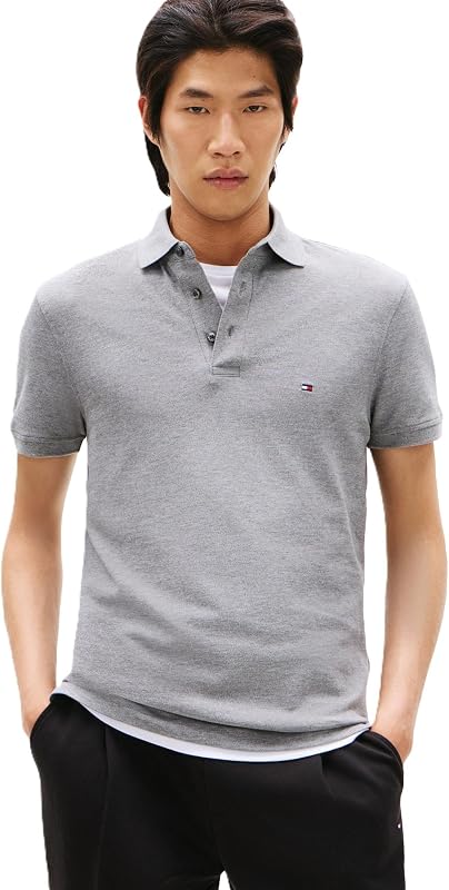 Polo à Manches Courtes pour Homme en Coton piqué Stretch et Bio Coupe ajustée, Gris chiné Moyen, Taille M — photo 1 sur 4