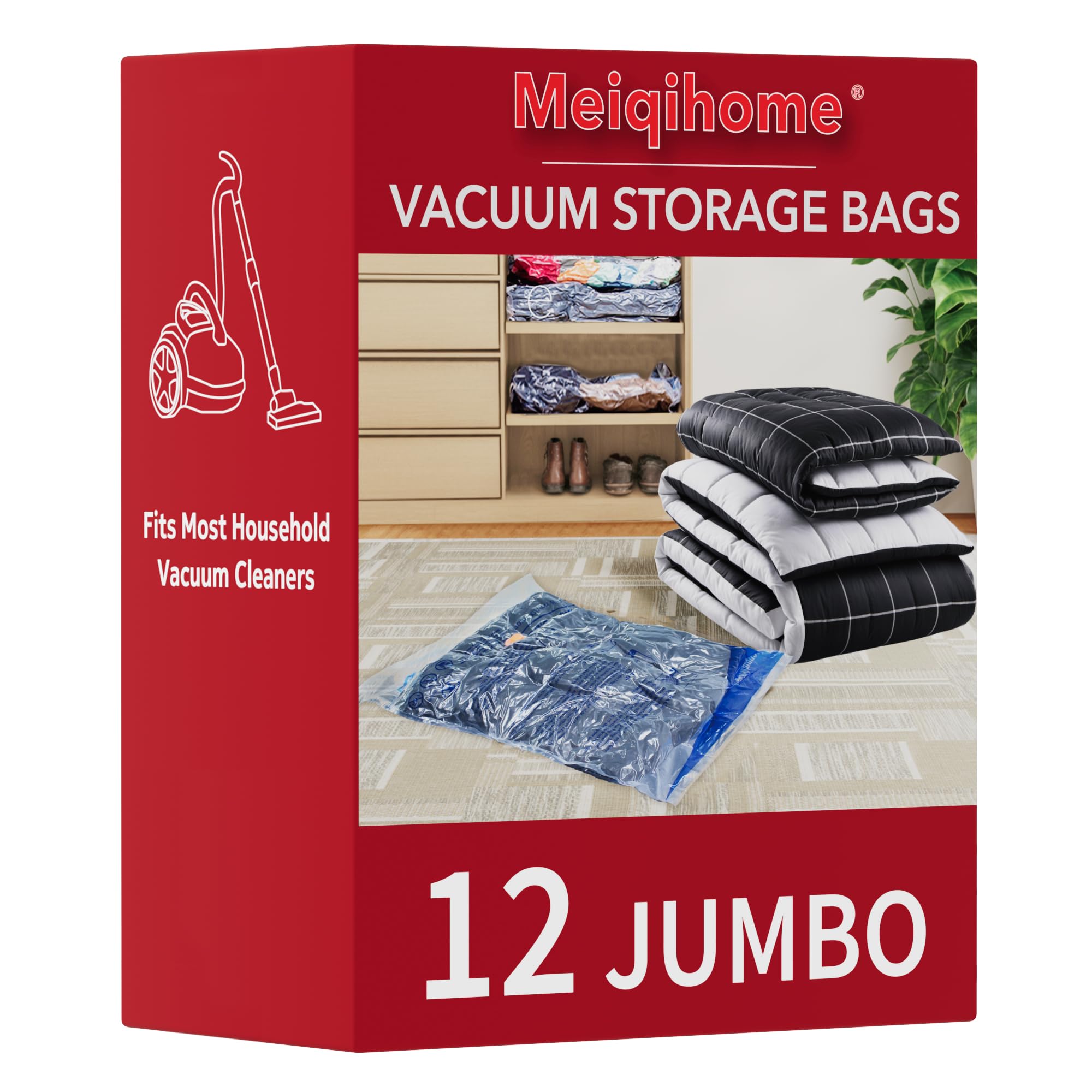 Vacuum Storage Bags 12 Jumbo, Space Saver Sealer Bags, Airtight Compression Bags for Clothes, Pillows, Comforters, Blankets, Bedding