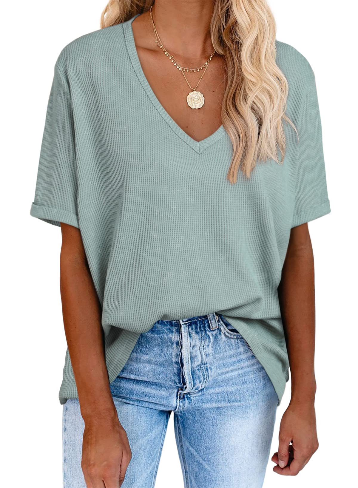 Photo 1 of EVALESS Oversized V Neck Tops for Women Fashion Short Sleeve Waffle Knit Shirts Trendy Going Out T Shirts Solid Color Loose Tee Blouse Green X-Large
