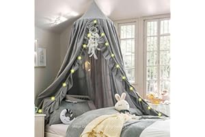 Hommi Lovvi Kids Bed Canopy, Dreamy Frills Canopy for Girls Bedroom Soft Ceiling Hanging Decoration Princess Canopy Net Reading Nook, Extra Large Full Size Bed Canopies with Light - Grey
