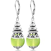 HQFJW Natural 10mm Stone Beads Drop Earrings,Retro Silver Round Quartz Crystal Gemstone Beads Dangle Earrings for Women