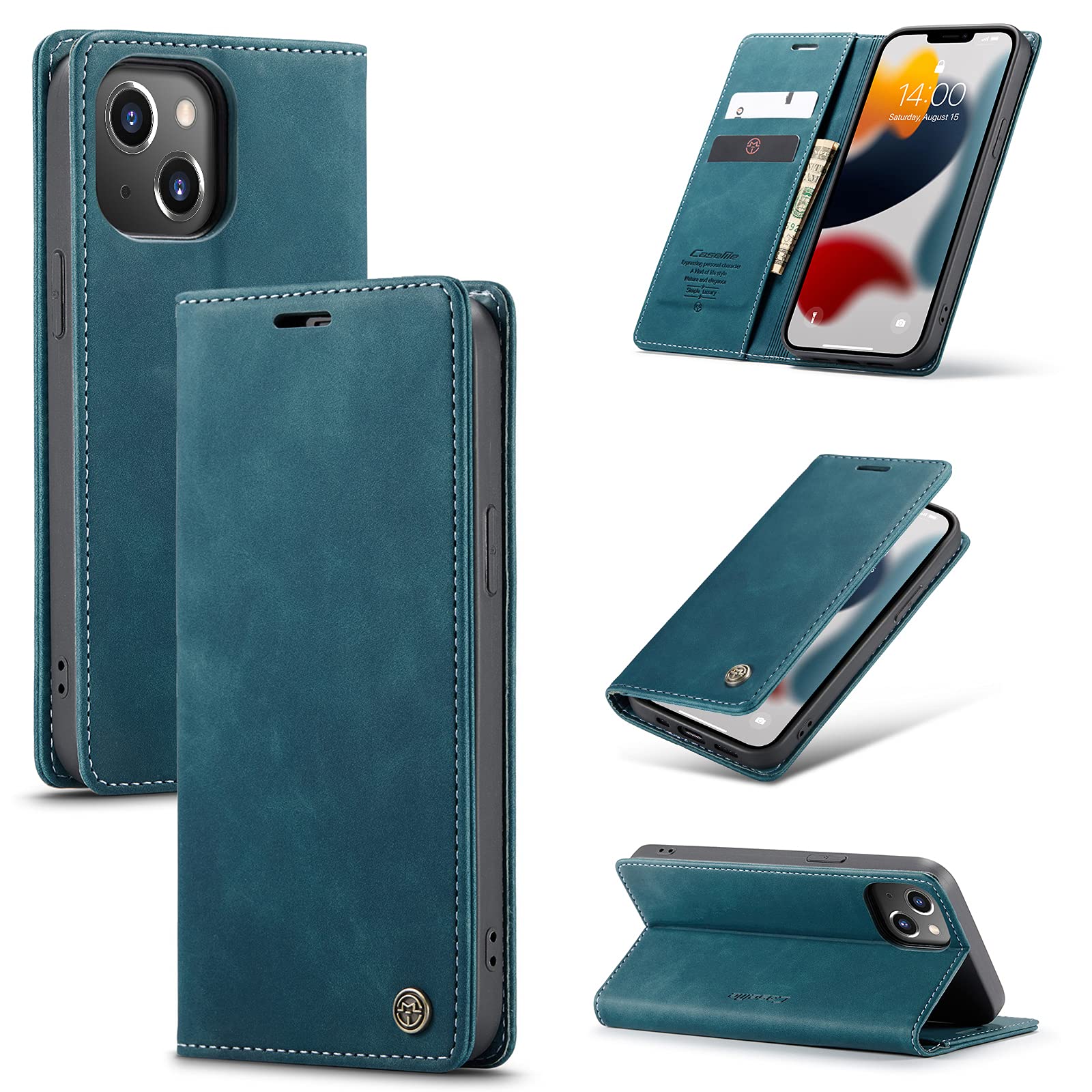 UFinetech Case for iPhone 13, Shockproof Anti-scratch Cover Compatible with iPhone 13 (6.1”), Leather TPU Slim Soft Flip Folio Magnetic Closure Kickstand Card Holder Wallet Camera Protector, Blue