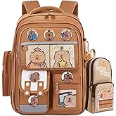 Cute Pink Capybara Backpack with Chic Case and More Pins Ita Bag Kawaii Cartoon Large Capacity Mochila De Capybara (Brown)