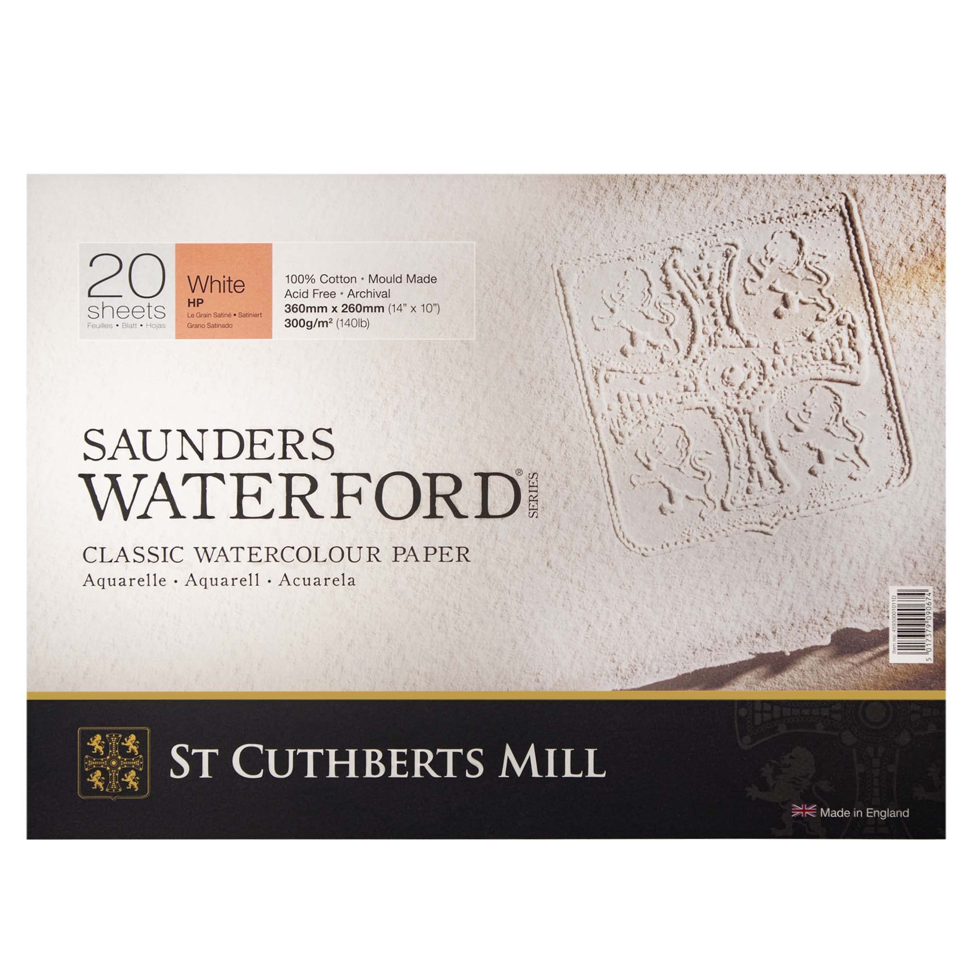 St Cuthberts Saunders Waterford Hot Pressed Block White 300gsm 360 x 260mm, 20 Sheets, Professional Watercolour Paper