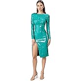 Dress The Population Womens Natalie Long Sleeve Round Neck Front Side Slit Bodycon Midi Dress