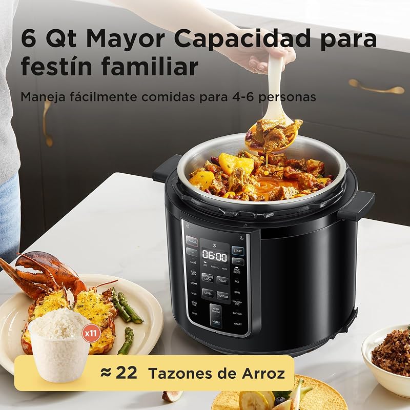 Olla Eléctrica 9 en 1, 12 Preajustes Instantáneos, Antiadherente, Arrocera, Cocción Lenta, Vapor de Acero Inoxidable, 6 Cuartos