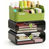 ZZFENGKR Desk Organizer with Drawers &amp; Divided Compartments, Stackable Desktop Storage Caddy for Makeup and Office Stationery (Black)