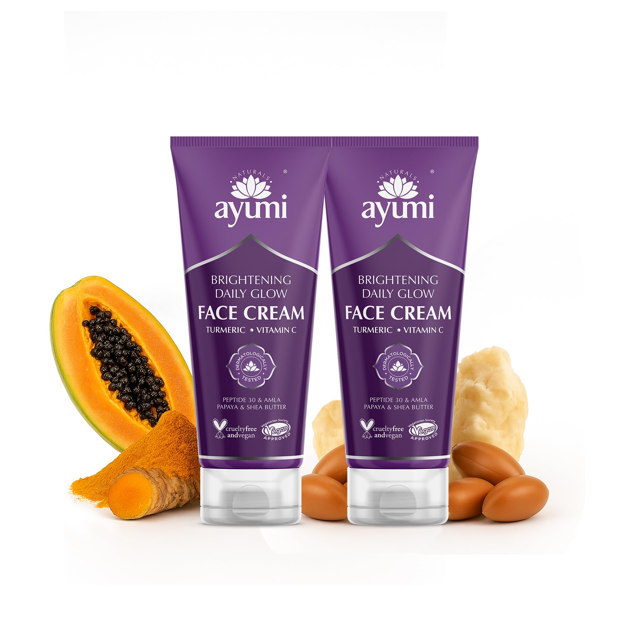 Ayumi Turmeric & Shea Butter Face Cream | Brightening Face Cream with Vitamin C | Moisturising Cream for Dull Skin | Face Moisturiser with Papaya Extracts | Argan Oil for Damaged Skin | 2 x 100ml