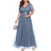 Pinup Fashion Plus Size Formal Wedding Guest Prom Evening Sequin Long Dress | Sequin embroidery tulle, v-neck, sheer short ruffle sleeve, empire waist, a-line, formal wedding guest, mother of the bride