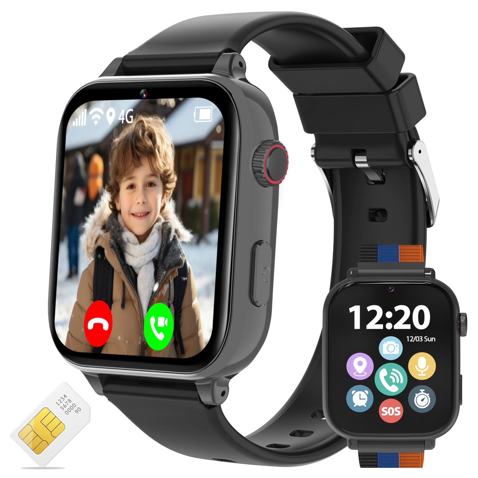 Photo 1 of 4G Kids Smart Watch - Smartwatch for Kids with SIM Card , GPS Tracker, Video Calling & Voice Chat, One-Key SOS, Alarm Clock, HD Camera, Class Mode, Pedometer, Phone Watch for 4-12 Children (Black)