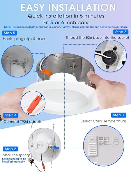 12 PACK 5/6 INCH 5CCT LED RECESSED LIGHTING RETROFIT, 2700K/3000K/4000K/5000K/6500K SELECTABLE, DIMMABLE CAN LIGHTS WITH BAFFLE TRIM, 12W=150W, HIGH BRIGHTNESS 1000LM, IC& WET RATED, ETL&FCC CERTIFIED